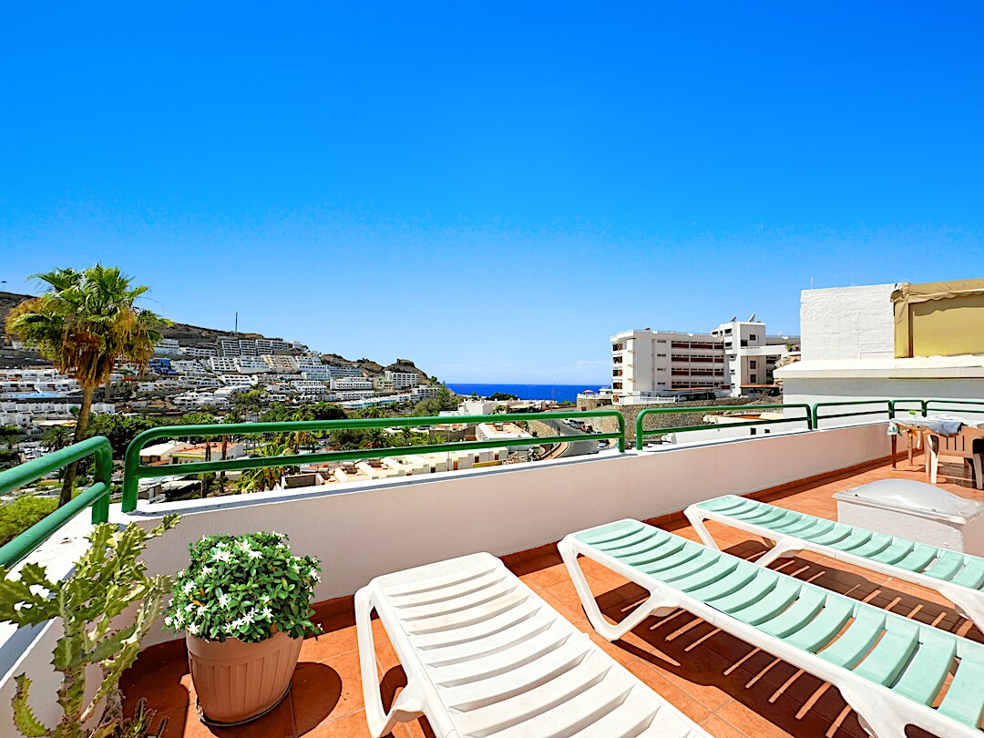 Utsikt över hotellområdet med solstolar och havet i bakgrunden.